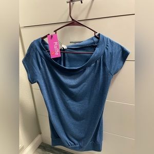 Blue, off the shoulder top.